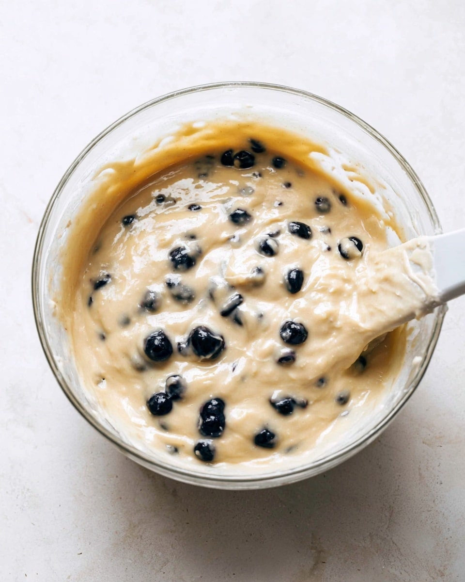 A clear glass bowl holds thick, pale beige batter with a smooth and creamy texture, speckled with whole dark blue blueberries throughout. The batter fills the bowl about halfway, with some batter sticking to the inside edges. A white spatula is partially visible on the right side, resting in the batter. The bowl sits on a white marbled surface with soft lighting that highlights the glossy, wet look of the blueberries and the batter. photo taken with an iphone --ar 4:5 --v 7