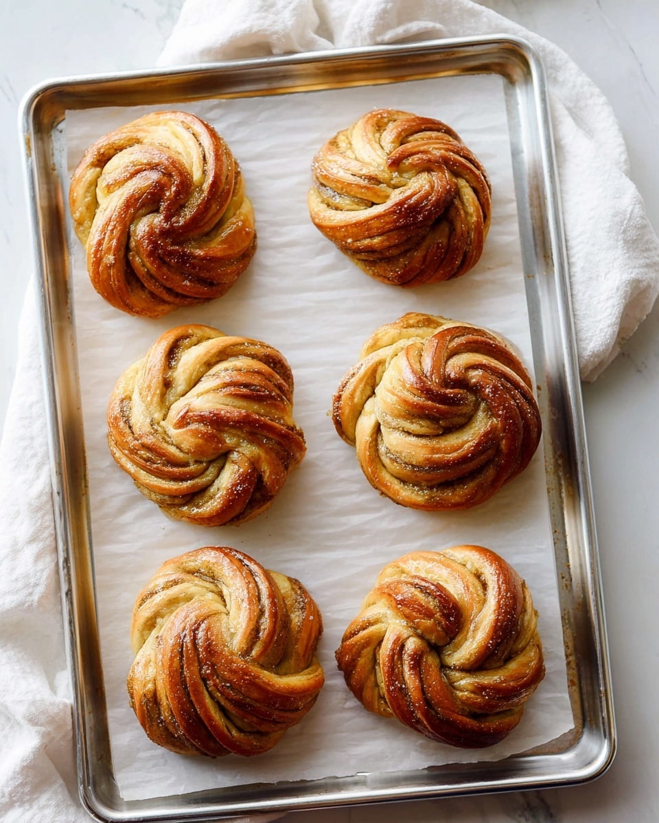 Six twisted golden brown buns with swirled layers of light and darker dough sit evenly spaced on a white parchment paper-lined metal baking tray. The buns have a shiny surface with a soft and fluffy texture visible in the twists, and some darker sugary spots peek out in the creases. The tray rests on a white marbled surface with a soft white cloth casually draped in the top left corner. The lighting highlights the buns’ glossy finish and warm colors. photo taken with an iphone --ar 4:5 --v 7