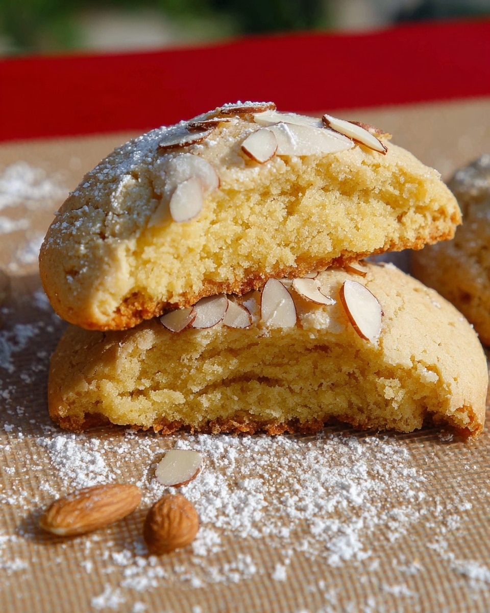 The image shows a soft cookie that is split in half and stacked, revealing its moist, golden-yellow interior. The cookie’s outer layer is light golden brown with a slightly crumbly texture and is topped with thin, sliced almonds and a dusting of white powdered sugar. The cookie halves rest on a light brown textured mat with a red border, sprinkled with some almond slices and powdered sugar around them. A white marbled surface is implied in the background. The photo was taken with an iphone --ar 4:5 --v 7