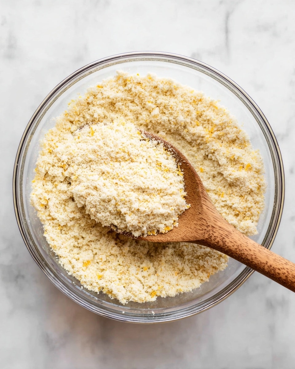 A clear glass bowl sits on a white marbled surface, filled with a crumbly, light beige mixture that has small yellow bits scattered throughout. Inside the bowl, there's a wooden spoon partially submerged into the mixture, with the spoon's head covered in the crumbly texture. The texture looks dry and grainy, resembling finely crushed crumbs or a flour blend. photo taken with an iphone --ar 4:5 --v 7