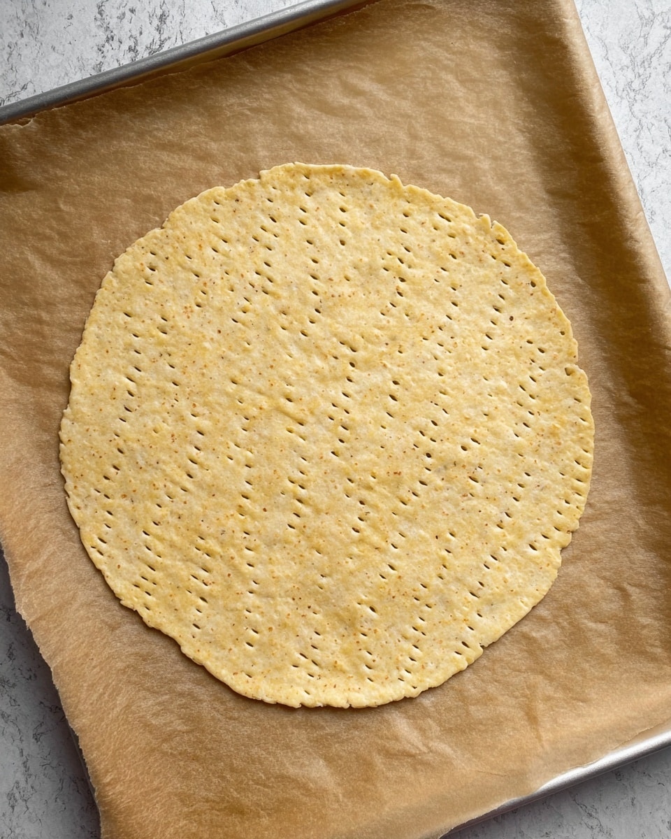 A single thin, round flatbread dough is placed flat on light brown baking paper, which lies on a metal baking sheet. The dough has a pale yellow color with small dark specks, and it is dotted with many small fork holes arranged in diagonal lines across the whole surface. The edges of the dough are slightly uneven but mostly circular. The surface and background are a white marbled texture. Photo taken with an iphone --ar 4:5 --v 7