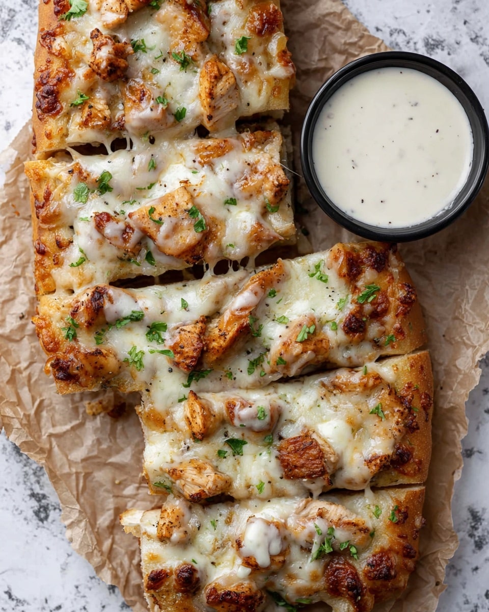 The image shows a sliced pizza with four long rectangular pieces topped with white melted cheese that stretches and bubbles slightly, with browned edges. On top of the cheese are chunks of browned chicken and scattered bits of chopped green herbs. The pizza crust looks thick and golden brown with a soft texture. Next to the pizza slices, on crumpled brown paper, is a small black bowl filled with a creamy white dipping sauce with small black specks. The entire scene rests on a white marbled textured surface. Photo taken with an iphone --ar 4:5 --v 7
