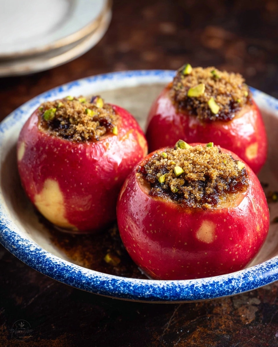 Three bright red apples are placed close together inside a round white plate with blue speckles on its rim. Each apple has its top hollowed out and filled with a dark brown mixture topped with a layer of crumbly brown sugar and small green nuts. The apples have a shiny, smooth texture with slight yellow patches. The plate sits on a dark wooden surface with a blurred white plate in the background. photo taken with an iphone --ar 4:5 --v 7