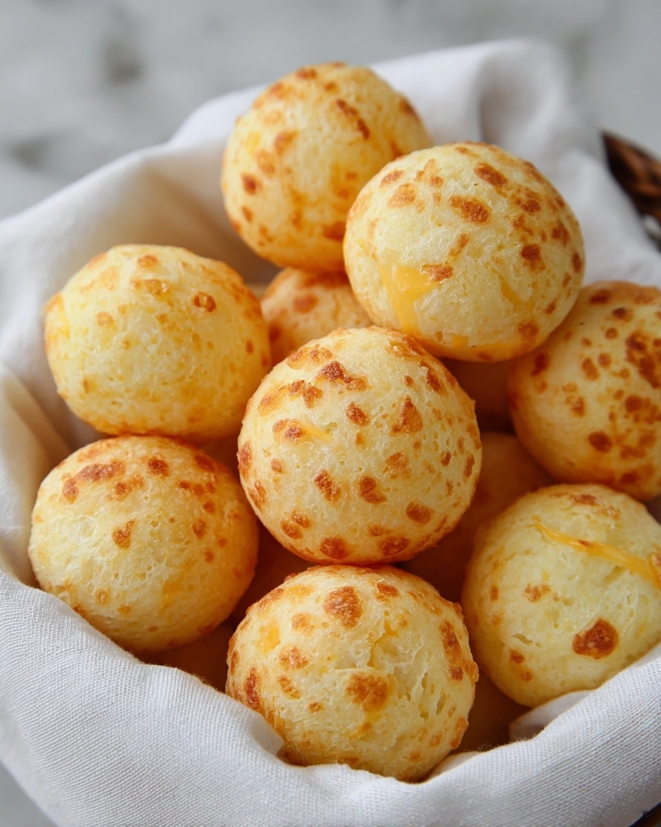 A basket lined with a soft white cloth holds a pile of round cheese bread balls. Each ball is light golden yellow, with a slightly rough and bubbly textured surface. The bread balls have small spots of darker golden brown, giving a baked appearance. The background shows a white marbled texture under the basket. photo taken with an iphone --ar 4:5 --v 7