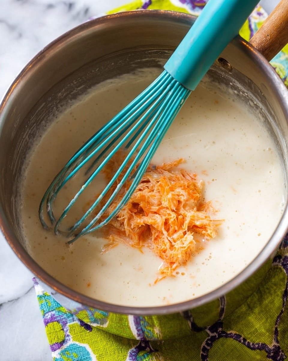 A close-up view inside a silver pot shows a creamy white sauce with a soft texture filling most of the pot. In the center, there is a dollop of orange shredded substance that looks mixed but still mostly separate from the sauce. A teal-handled whisk stands slightly tilted on the left side, immersed gently in the sauce and touching the orange mixture. The pot rests on a surface covered with a white marbled texture, and a colorful green and yellow patterned cloth is just visible in the background. Photo taken with an iphone --ar 4:5 --v 7