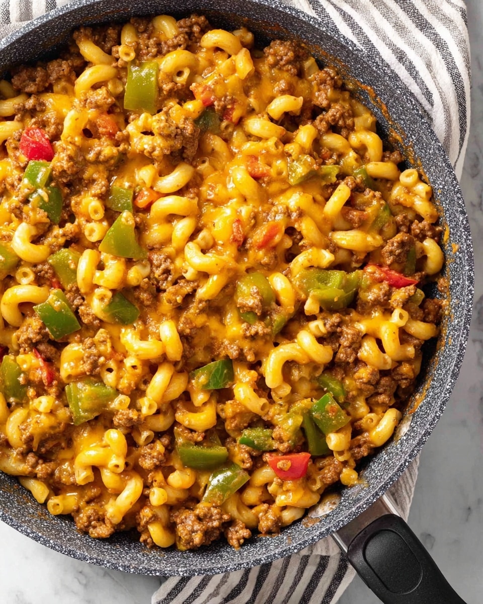 A close-up top view of a skillet filled with cooked elbow macaroni mixed with browned ground meat, chunks of green bell peppers, and small pieces of red tomatoes, all coated in a melted yellow cheese sauce. The pasta is soft and slightly shiny, the meat is crumbly and browned, and the bell peppers are tender and bright green, showing some texture. The skillet has a dark grey, speckled surface with a black handle, sitting on a white marbled surface with a folded striped cloth underneath. photo taken with an iphone --ar 4:5 --v 7