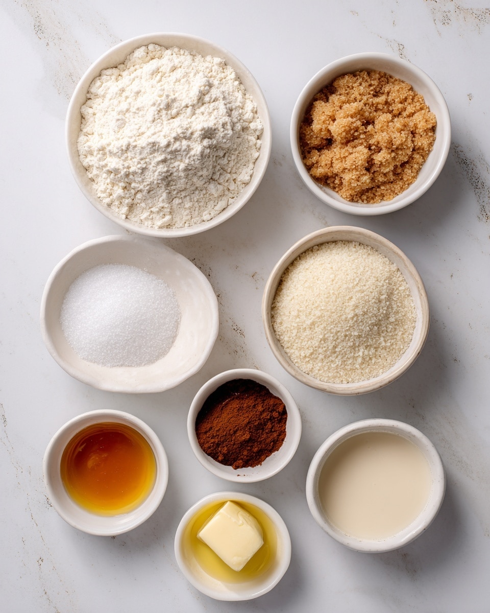 The image shows eight small white bowls arranged on a white marbled surface. Each bowl contains a different baking ingredient: one has white flour piled high with a light powdery texture, another holds fine white sugar, a third has light brown sugar with a crumbly texture, and a fourth contains a light beige liquid labeled dairy-free milk. There is a small bowl with white baking powder, another with ground cinnamon that is dark brown and powdery, one with a clear golden-yellow oil, and the last has a light amber melted vegan butter. Each bowl is neatly placed, creating a visually appealing display of ingredients for baking. Photo taken with an iphone --ar 4:5 --v 7