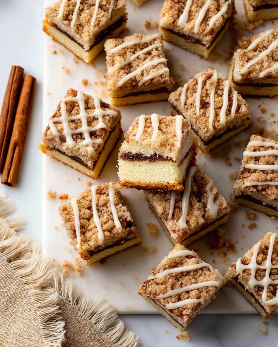 The image shows 16 square pieces of crumb cake arranged on a white marbled surface, with some pieces stacked or slightly turned to show their layers. Each piece has three layers: a light yellow cake base, a thin dark brown cinnamon swirl in the middle, and a crumbly light brown topping on top. The crumb topping is decorated with white icing in a crisscross pattern. Some crumbs are scattered around the cake squares, and two cinnamon sticks lie nearby. The bottom left corner shows a part of a beige cloth with fringes. Photo taken with an iphone --ar 4:5 --v 7