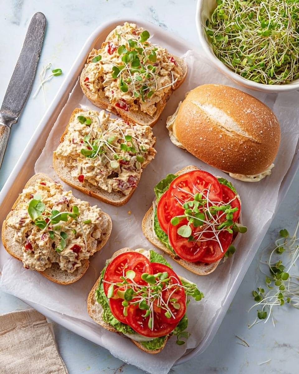 The image shows four open sandwiches on a white rectangular tray lined with parchment. Two sandwiches have a creamy chicken salad layer with small red bits on the bread bases, topped on half with fresh tomato slices and green sprouts. The other two sandwiches have thick tomato slices layered with green sprouts on a spread, and one is closed with a white sandwich roll top. Next to the tray is a small white bowl filled with green sprouts. The whole scene rests on a white marbled surface, with a knife placed nearby. photo taken with an iphone --ar 4:5 --v 7