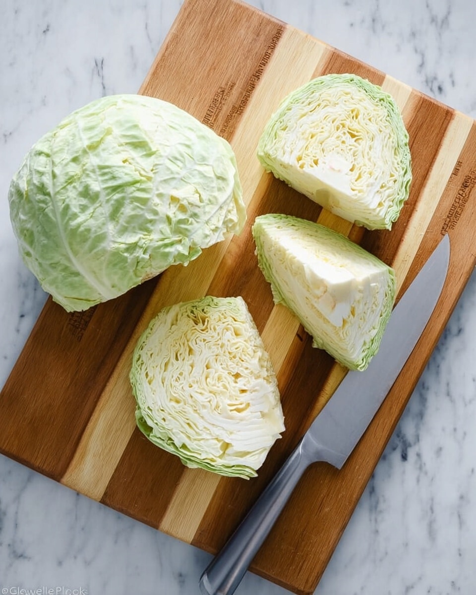 A wooden cutting board with light and dark stripes sits on a white marbled surface. On the board, there is a large cut piece of pale green cabbage with tightly packed, thin, ruffled leaves showing a pattern inside, placed on the left side. Surrounding it are three smaller sections of the same cabbage, each cut to show the dense layers of light green and creamy white leaves. A large kitchen knife with a silver blade and black handle lays across the board, near the cabbage pieces. Photo taken with an iphone --ar 4:5 --v 7