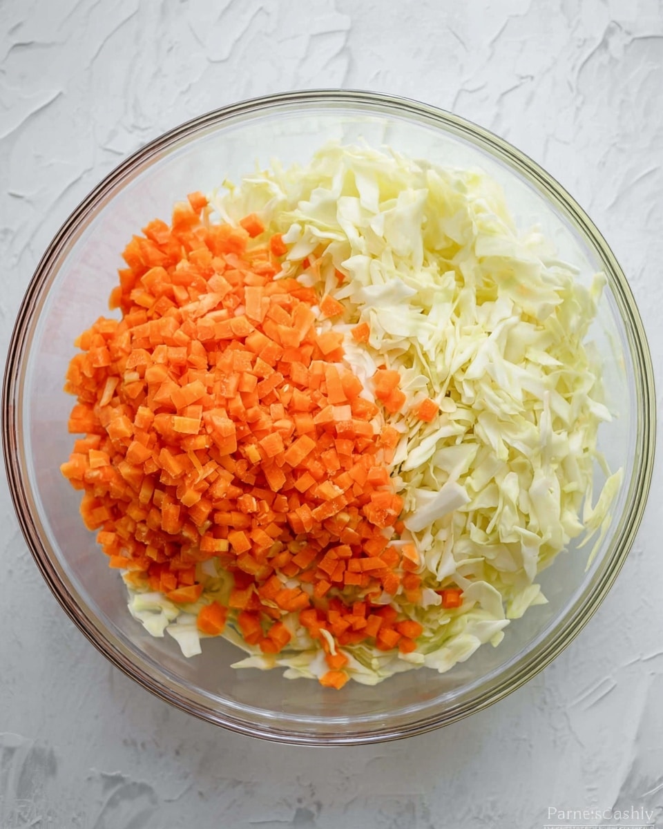 A clear glass bowl sits on a white marbled texture surface, filled with two layers of chopped vegetables. The bottom layer consists of finely shredded pale yellow cabbage, making up about two-thirds of the bowl on the right side. On the left side, there is a smaller pile of finely diced bright orange carrots resting on top of the cabbage. The colors contrast well and the textures show the crispness of the fresh vegetables. Photo taken with an iphone --ar 4:5 --v 7