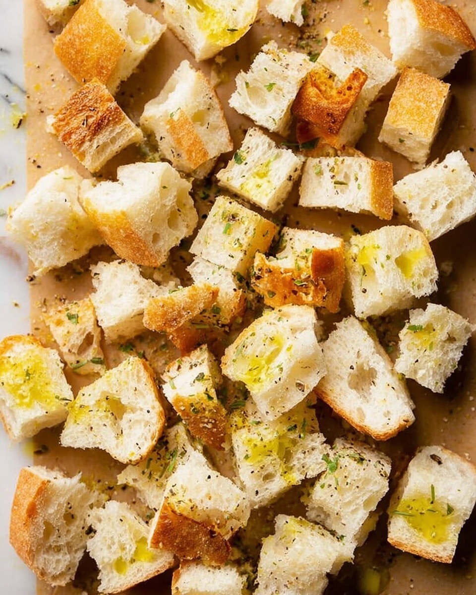 The image shows many chunks of bread scattered on a light brown surface. The bread pieces are mostly white inside with some golden, toasted edges. They are unevenly sized and look soft and fluffy. Some pieces have a greenish-yellow drizzle of oil or butter on top, and there are small sprinkles of green herbs and black pepper spread over them, adding texture and color contrast. The background is a white marbled texture. photo taken with an iphone --ar 4:5 --v 7
