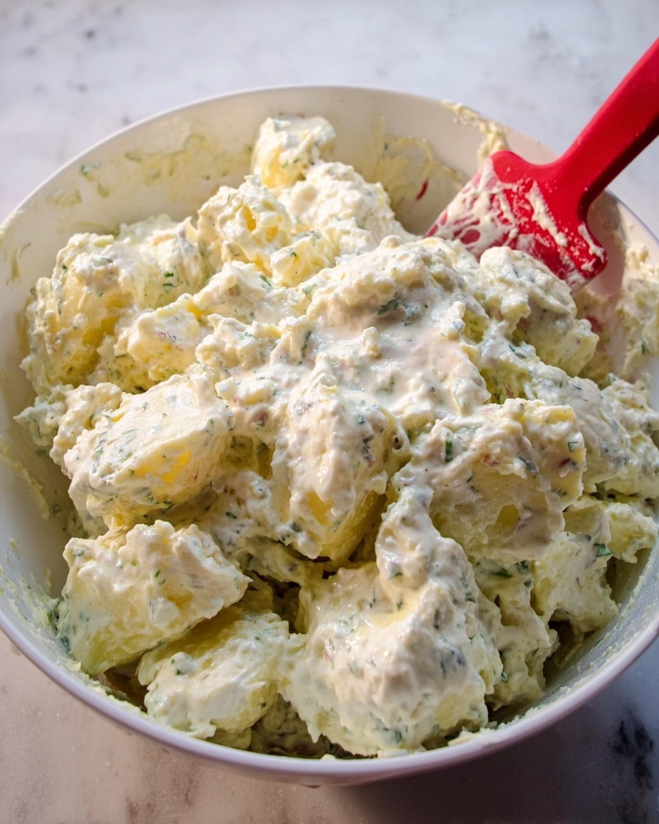 A white bowl filled with a creamy potato salad that has large chunks of pale yellow potatoes coated in a thick, white dressing with green herb specks throughout. The salad has a lumpy texture with some smooth sauce spreading over the top center. A red and white spatula is partially visible on the right edge, resting inside the bowl. The bowl sits on a white marbled surface with soft natural light highlighting the texture of the salad. photo taken with an iphone --ar 4:5 --v 7