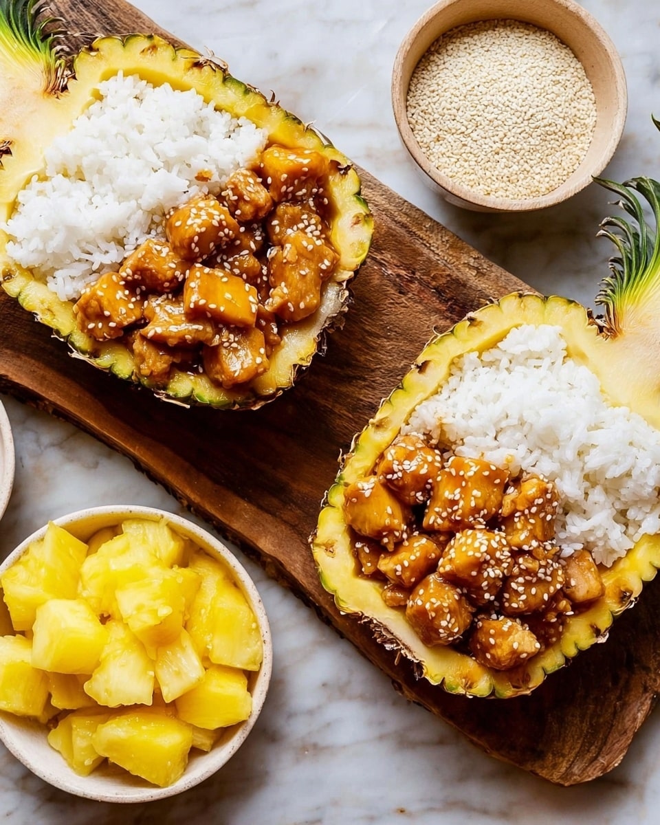 The image shows two hollowed pineapple halves used as bowls, each filled with two clear layers: on one side, white steamed rice with a soft and fluffy texture, and on the other side, shiny golden-brown cubes of cooked meat and pineapple chunks coated in a thick sauce, sprinkled with white sesame seeds. Below and between these halves, there is a small round white bowl filled with bright yellow pineapple pieces, and a small beige bowl filled with white sesame seeds. All items are placed on a white marbled surface with a rustic wooden board underneath the pineapples. Photo taken with an iphone --ar 4:5 --v 7