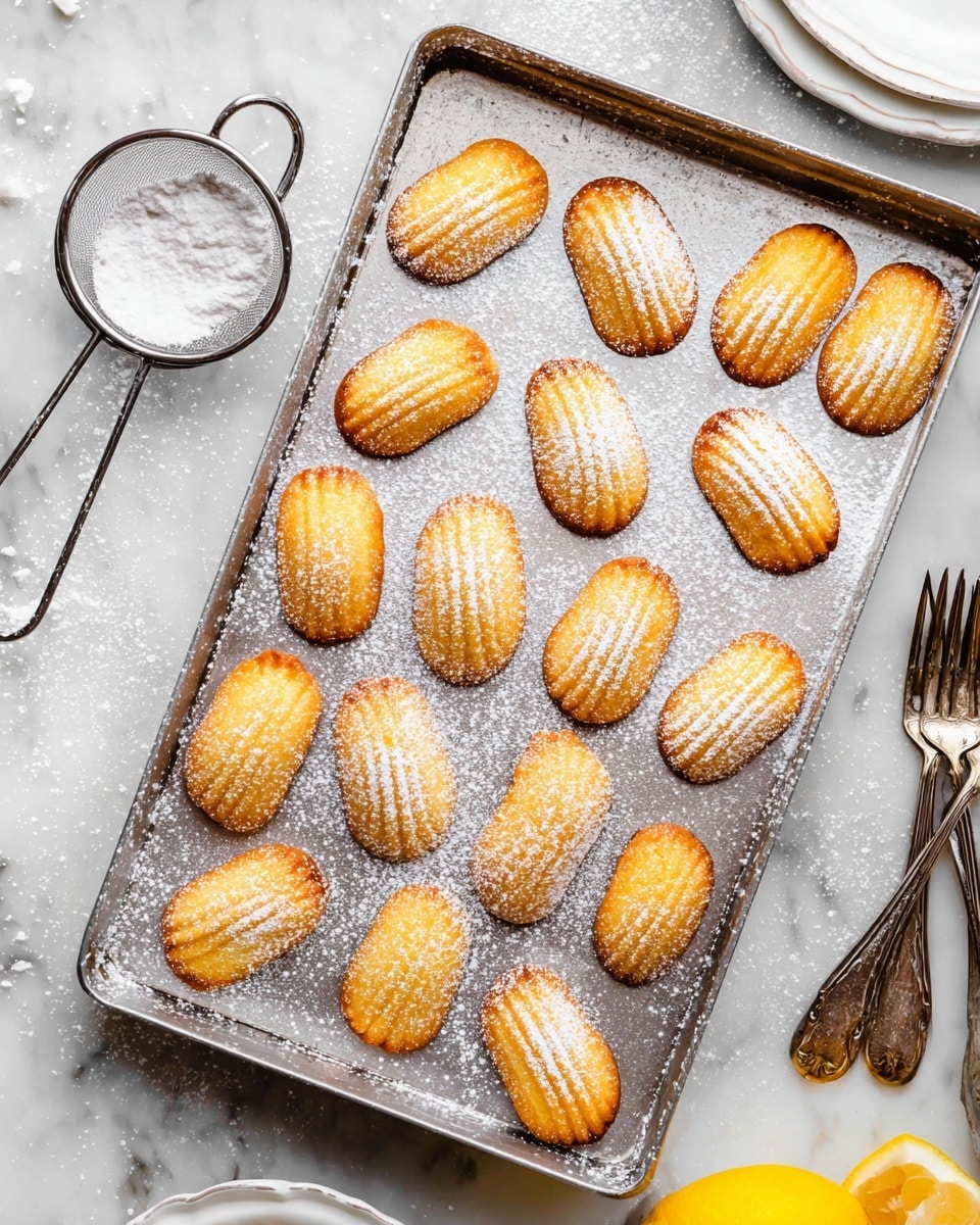 The image shows a silver baking pan filled with 15 golden-brown madeleine cookies arranged in 3 rows of 5. Each cookie has a shell-like shape with ridged texture on top and smooth sides. The cookies are dusted with white powdered sugar sprinkled unevenly over them, creating a light contrast on the warm tones. The pan is placed on a white marbled surface with some scattered powdered sugar around it. Near the pan, there is a small bowl containing powdered sugar with a fine mesh sifter resting on top. In the top right corner, part of a white plate with a silver knife and two silver forks is visible. A slice of bright yellow lemon appears near the lower right edge. photo taken with an iphone --ar 4:5 --v 7