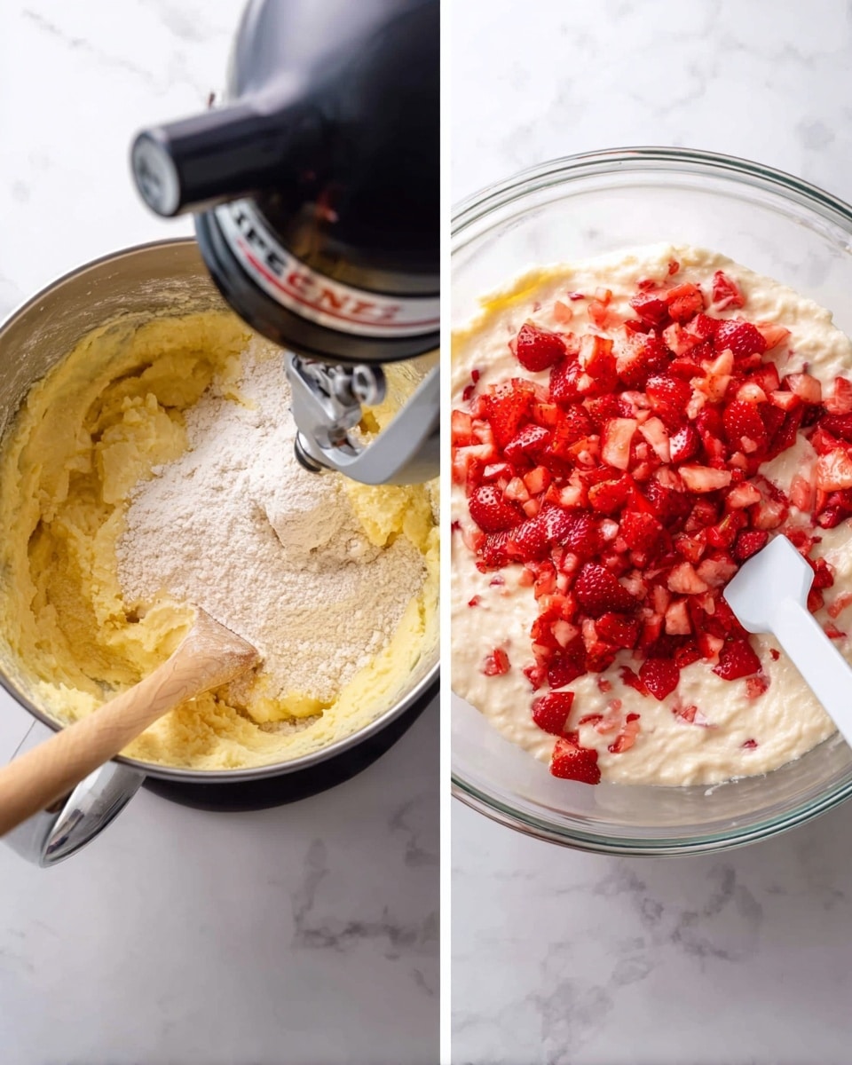 The image shows two side-by-side photos of a mixing process on a white marbled surface. On the left, a black stand mixer is blending together a yellow dough-like mixture with flour being added from a wooden spoon into a clear glass bowl. On the right, the same clear glass bowl now contains a creamy off-white batter mixed with a heap of finely chopped bright red strawberries on top, with a white spatula resting in the bowl. The textures contrast between the soft batter and juicy fruit pieces, creating a fresh and inviting look. Photo taken with an iphone --ar 4:5 --v 7