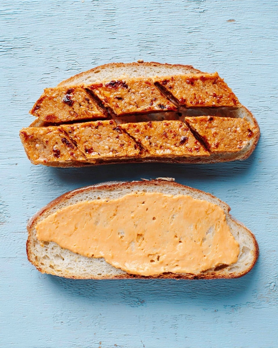 A white plate holds a block of seasoned, cooked meatloaf with a textured dark brown crust on top, positioned on the left side. To the right, several thin, long slices of the same meatloaf are fanned out, showing a moist, orange-brown interior with visible spices and some texture. The plate is set on a white marbled surface with a light blue wooden background. photo taken with an iphone --ar 4:5 --v 7