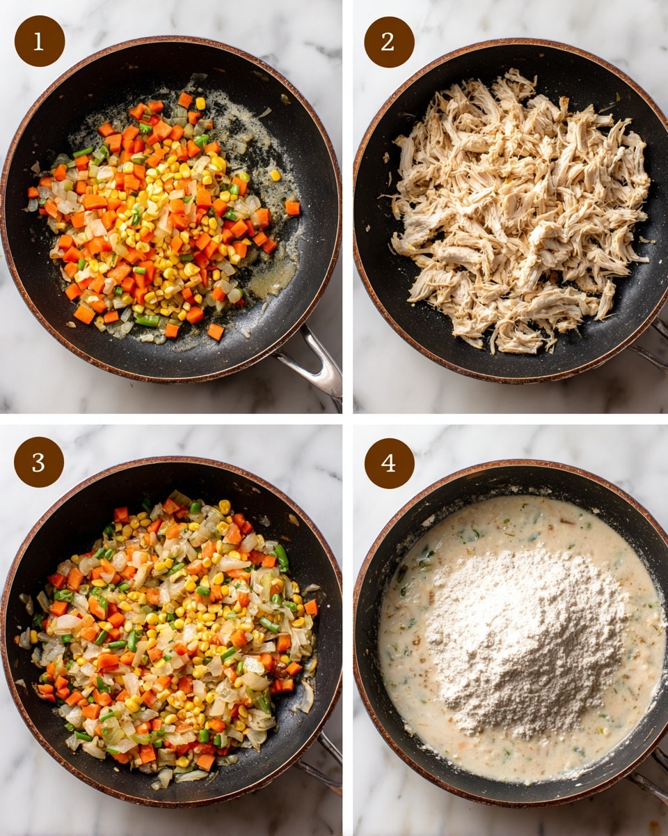 A series of four images showing cooking stages in a black pan on a white marbled surface, each image numbered in a brown circle at the top left. In the first image, the pan contains a mix of diced orange carrots, yellow corn, and green beans next to chopped white onions sautéing in bubbling butter or oil. The second image shows the same vegetables spread evenly in the pan, now with shredded light beige chicken added mostly on the right side. The third image shows the vegetables and shredded chicken mixed together, with a mound of white flour placed on the right side in the pan. The fourth image shows the pan filled with a creamy white sauce mixed with vegetables and chicken, creating a thick soup-like texture covering the whole pan. Photo taken with an iphone --ar 4:5 --v 7
