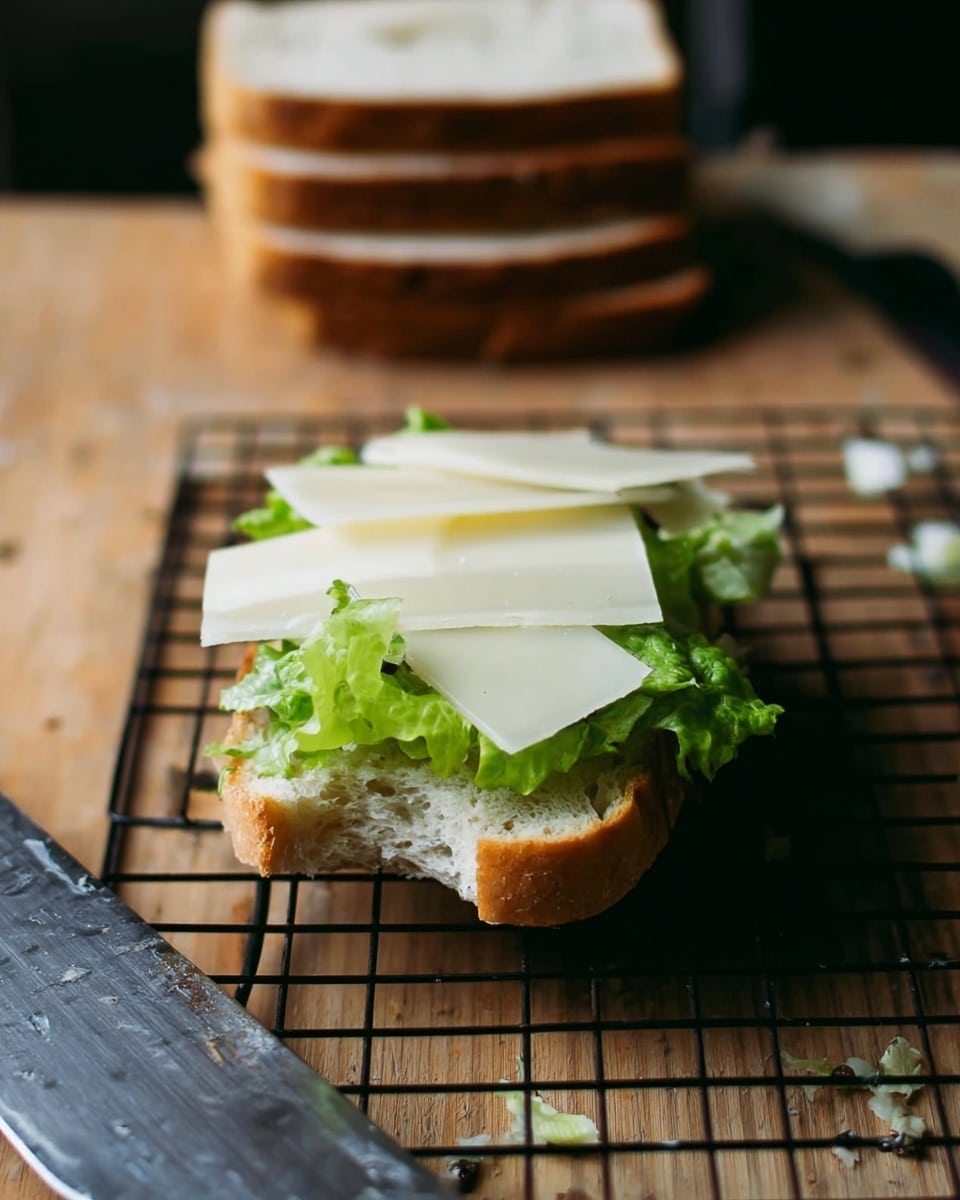 An open sandwich resting on a black wire rack, placed on a wooden surface, with a big knife next to it. The sandwich has three layers: the base is a light brown piece of bread with a bite taken, the middle layer is bright green lettuce leaves, and the top layer is several thin, large white slices of cheese. In the background, there is a stack of more bread slices. Photo taken with an iphone --ar 4:5 --v 7