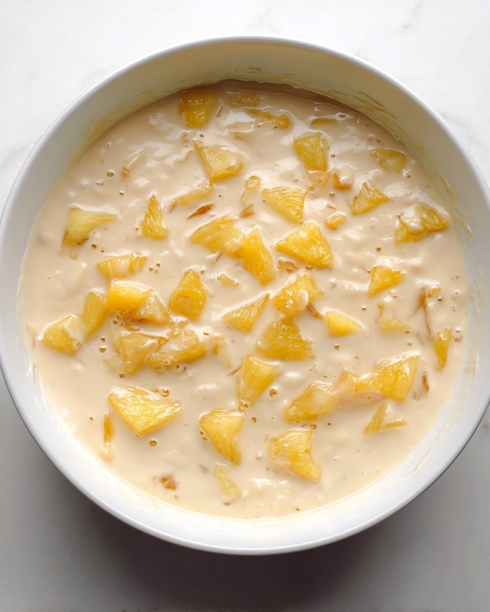 A white bowl filled with a thick, creamy batter that has a light beige color. Floating within the batter are small, uneven pieces of golden-yellow fruit, spread mostly on the surface and slightly mixed inside. The batter looks smooth with some bubbles throughout, and the fruit pieces have a slightly shiny, wet texture. The bowl sits on a white marbled surface. photo taken with an iphone --ar 4:5 --v 7