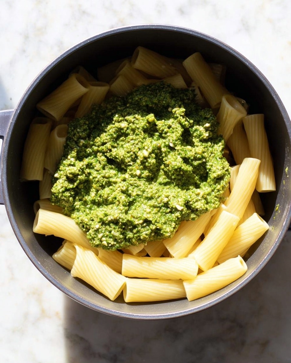 Inside a dark gray cooking pot, there is one layer of plain, pale yellow pasta tubes arranged horizontally and fill the pot. On top of the pasta, there is a big dollop of thick, textured green pesto sauce with visible small bits of herbs and nuts, covering the middle part of the pasta layer. The pot is placed on a white marbled surface. The photo taken with an iphone --ar 4:5 --v 7