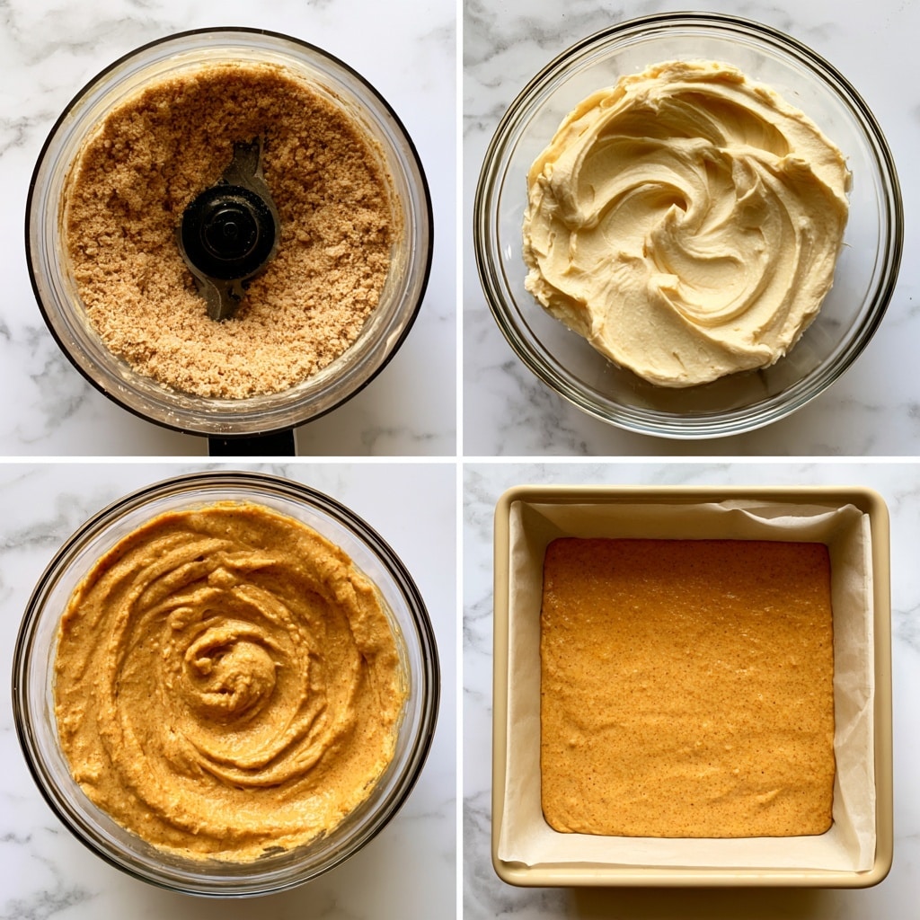 The image shows four steps of making a dessert in a collage style, all placed on a white marbled surface. The first quadrant shows a food processor bowl filled with light brown crumbly mixture with a black blade in the center. The second quadrant shows a clear glass bowl with a creamy, smooth, pale yellow mixture with soft swirls on top. The third quadrant has the same clear glass bowl filled with a thicker batter that is orange-brown and smooth with some swirls in the middle. The fourth quadrant shows a beige baking pan lined with parchment paper and filled with an evenly spread orange-brown batter layer, smooth and flat. photo taken with an iphone --ar 4:5 --v 7