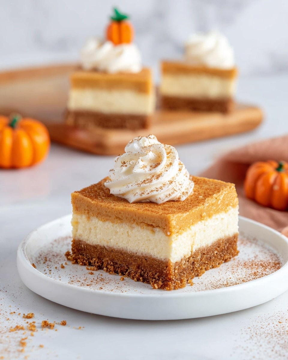 A square pumpkin dessert slice with three layers sits on a white plate on a white marbled surface. The bottom layer is a dense brown crumb crust, the middle layer is cream-colored and smooth, and the thick top layer is a light orange pumpkin custard. On top, there is a swirl of white whipped cream dusted with light brown cinnamon powder. Some crumbs are scattered around the plate, and the dessert has a bite taken from one side. In the blurred background, two more slices are visible on a wooden board, each topped with whipped cream and a small orange pumpkin decoration with a green stem. Photo taken with an iphone --ar 4:5 --v 7