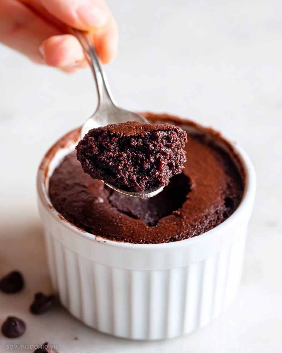 A close-up image shows a small white ramekin filled with rich dark brown chocolate cake or pudding that has a smooth top layer with a slightly cracked texture. A silver spoon is lifted above the ramekin holding a small scoop of dense, moist, and soft chocolate cake with a rough texture. A woman's hand holds the top of the spoon, visible on the left side of the image. The white marbled surface underneath contrasts with the deep brown color of the dessert. A few small chocolate chips are scattered around the base of the ramekin. photo taken with an iphone --ar 4:5 --v 7
