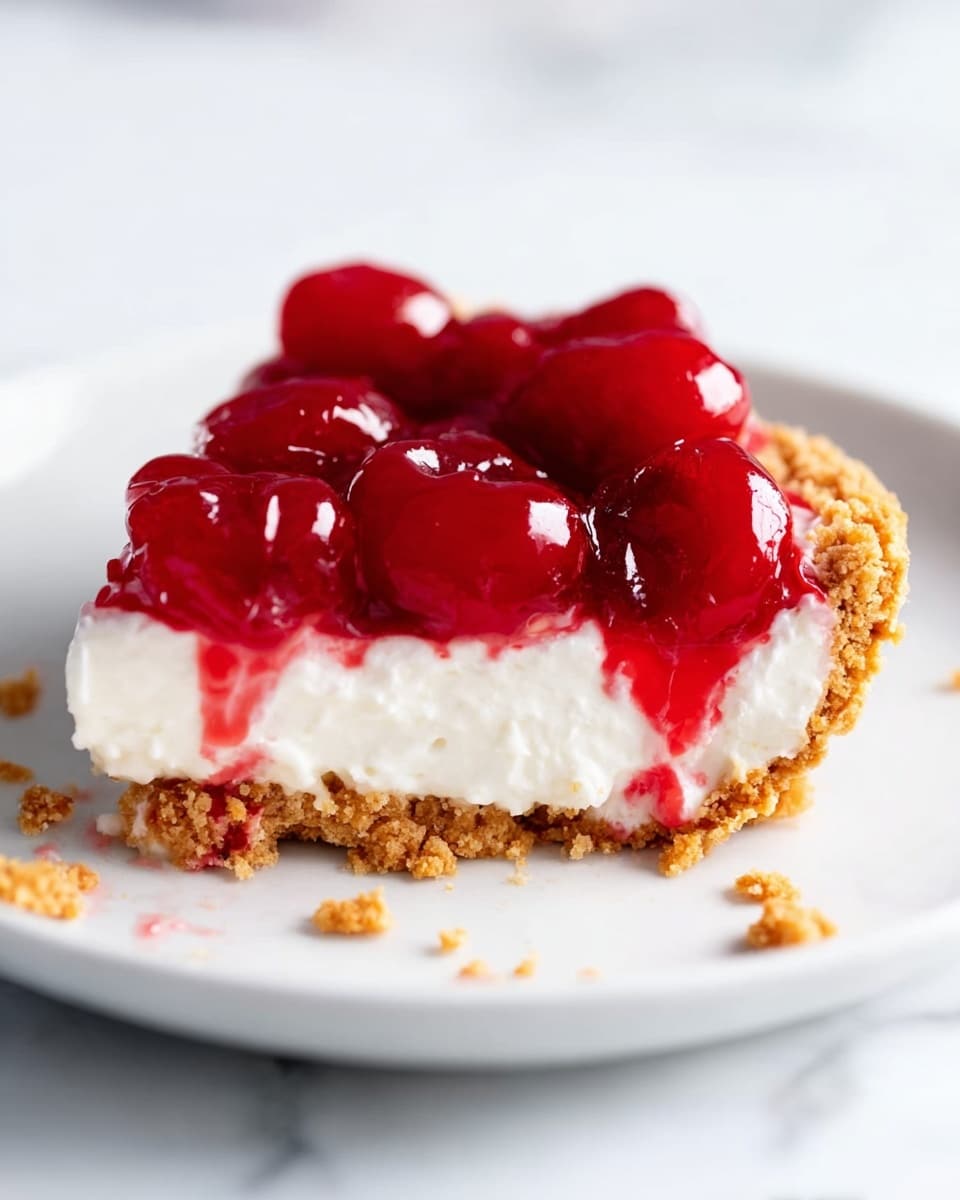 A slice of pie sits on a white plate over a white marbled surface, showing three layers clearly. The bottom layer is crumbly and golden brown, with a rough texture resembling crushed cookies pressed together. Above it is a thick, smooth, and creamy white layer that looks soft and light. The top layer is a shiny, bright red cherry topping with whole cherries embedded in a glossy syrup that drips slightly over the edges. Small crumbs are scattered near the base of the pie slice. Photo taken with an iphone --ar 4:5 --v 7