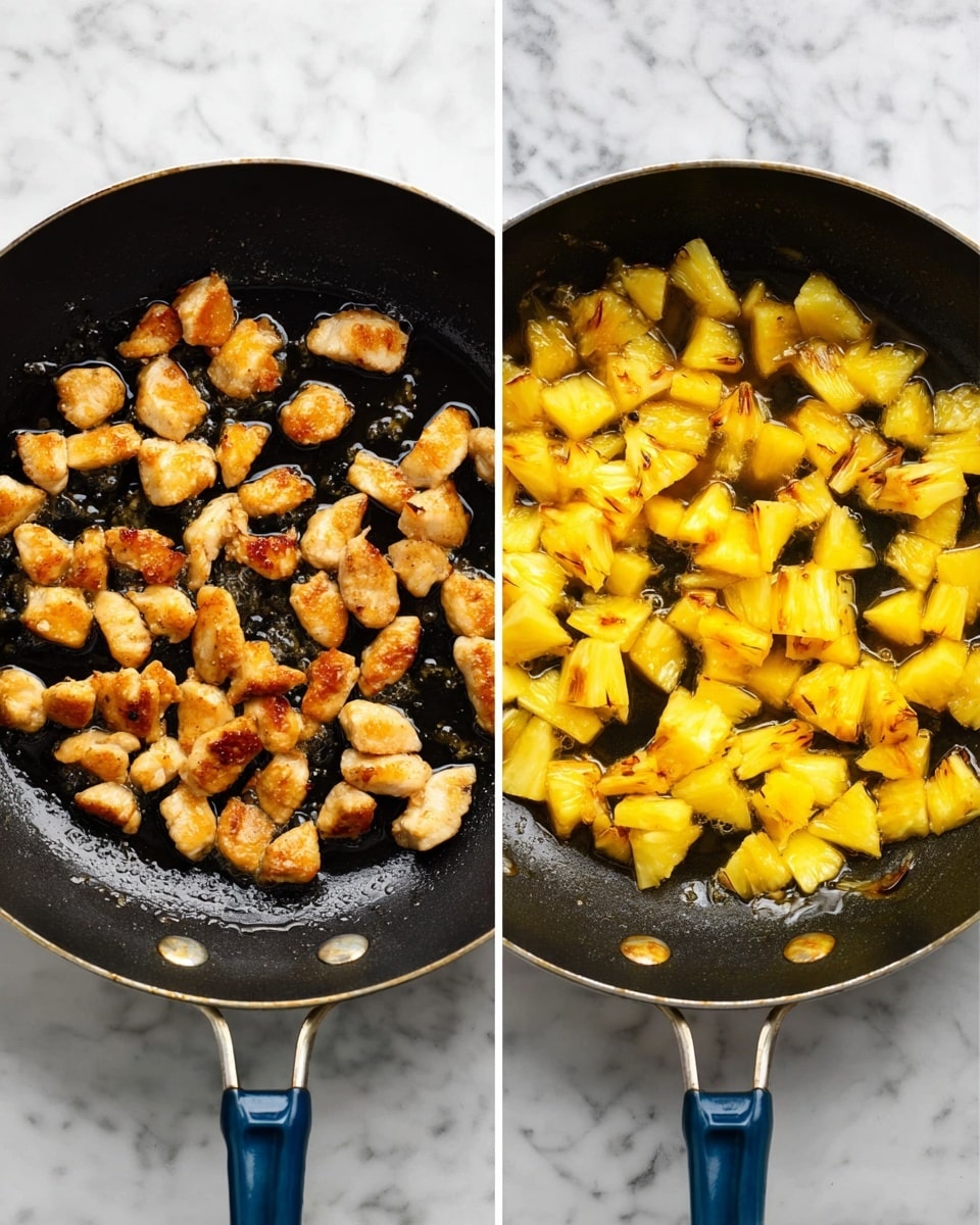 Two close-up images show a black frying pan with a blue handle on a white marbled surface. The pan on the left holds small, golden-brown pieces of cooked chicken, lightly sizzling in oil, scattered evenly across the pan. The pan on the right is filled with small, bright yellow pieces of cooked pineapple, some showing slight browning and caramelization, also sizzling in oil and spread out evenly. Both images have a clear focus on the texture and colors of the cooked food inside the pan. photo taken with an iphone --ar 4:5 --v 7