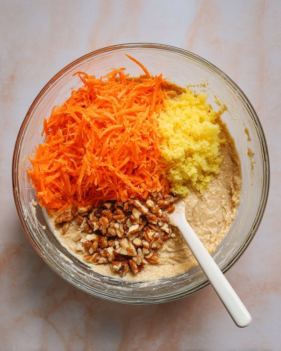 A clear glass bowl sits on a white marbled surface, filled with a thick light brown batter that spreads evenly on the bottom. Over the batter, there are four clear layers placed next to each other: a large mound of bright orange shredded carrots at the top left, a small pile of yellow crushed pineapple at the top right, a small heap of finely grated orange zest in the middle, and a cluster of chopped brown nuts at the bottom left. A white spatula with a long handle rests inside the bowl, partially dipped in the batter near the pineapple layer. Photo taken with an iphone --ar 4:5 --v 7