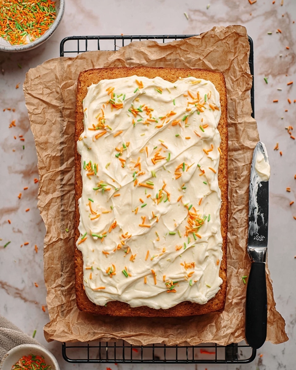 The image shows a rectangular cake with two layers: the bottom layer is golden brown with a slightly rough texture, and the top layer is thick, white cream spread with smooth swirled patterns. The cake is decorated with small, thin orange and green sprinkles scattered evenly on the cream. The cake rests on crumpled brown parchment paper placed on a black cooling rack, set against a white marbled background. To the right of the cake is a spreading knife with a black handle and white cream on its blade. In the upper left corner, there is a white bowl with more orange and green sprinkles. A few sprinkles are scattered loosely around the cake. photo taken with an iphone --ar 4:5 --v 7