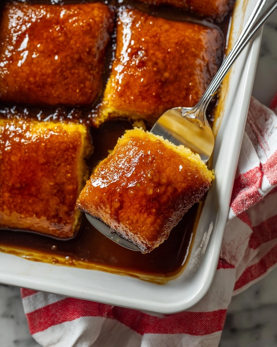 The image shows a close-up of a white rectangular baking dish with four golden brown baked pieces of food in a dark sticky sauce. Each piece has a slightly crispy, glossy top layer with rich orange and brown tones and textured, slightly darker edges. The middle piece is lifted by a shiny metal spatula, showing its square shape and thick, tender look. The dish rests on a white marbled surface with a white and red striped cloth underneath. The lighting highlights the glossy, moist texture of the cooked pieces, making them look warm and inviting photo taken with an iphone --ar 4:5 --v 7