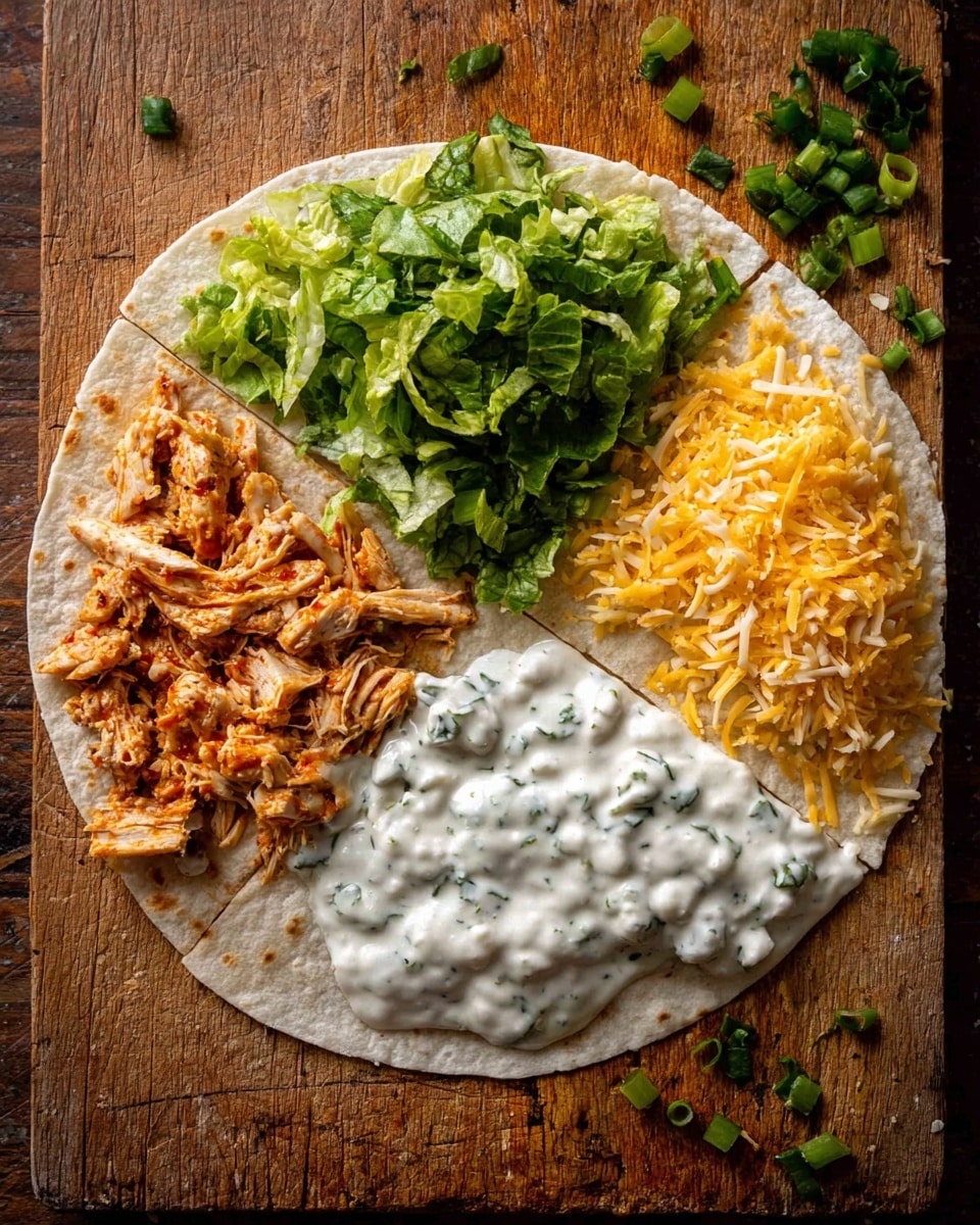 A round soft tortilla is divided into four equal parts by different toppings. The top left quarter is covered with chopped fresh green lettuce. The bottom left quarter holds shredded cooked chicken mixed with a reddish sauce, giving it a slightly wet and textured look. The top right quarter has a thick white creamy sauce with small green herbs mixed in, spread evenly. The bottom right quarter is piled with shredded yellow and white cheese. The tortilla rests on a wooden cutting board with some chopped green onions scattered around. photo taken with an iphone --ar 4:5 --v 7