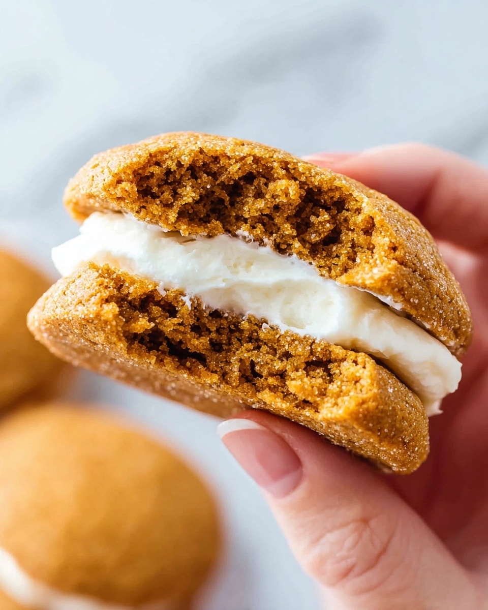 A close-up view of a hand holding a cookie sandwich, broken in half to show two soft, light brown cookie layers with a textured, slightly crumbly surface. Between the two cookie layers is a thick, smooth, white cream filling that is evenly spread and looks soft. The background shows blurred similar cookies resting on a white marbled surface. photo taken with an iphone --ar 4:5 --v 7