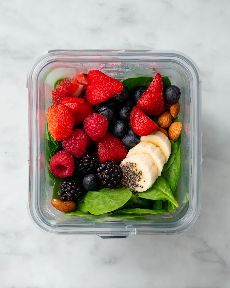 This clear square blender container holds a colorful mix of ingredients arranged in layers. The bottom layer is light green spinach leaves with a fresh, smooth texture. On top of the spinach, there are slices of pale yellow banana placed in the center. Scattered around and slightly on top of the bananas are small black chia seeds. The next layer includes vibrant red strawberries, some sliced showing their juicy interior, along with whole raspberries and blackberries, giving a bumpy texture. Among the berries, there are dark blue round blueberries. Mixed in with the berries are whole almonds and a cashew nut, standing out with their smooth, shiny brown and cream surfaces. The container sits on a white marbled surface, emphasizing the bright colors inside. photo taken with an iphone --ar 4:5 --v 7