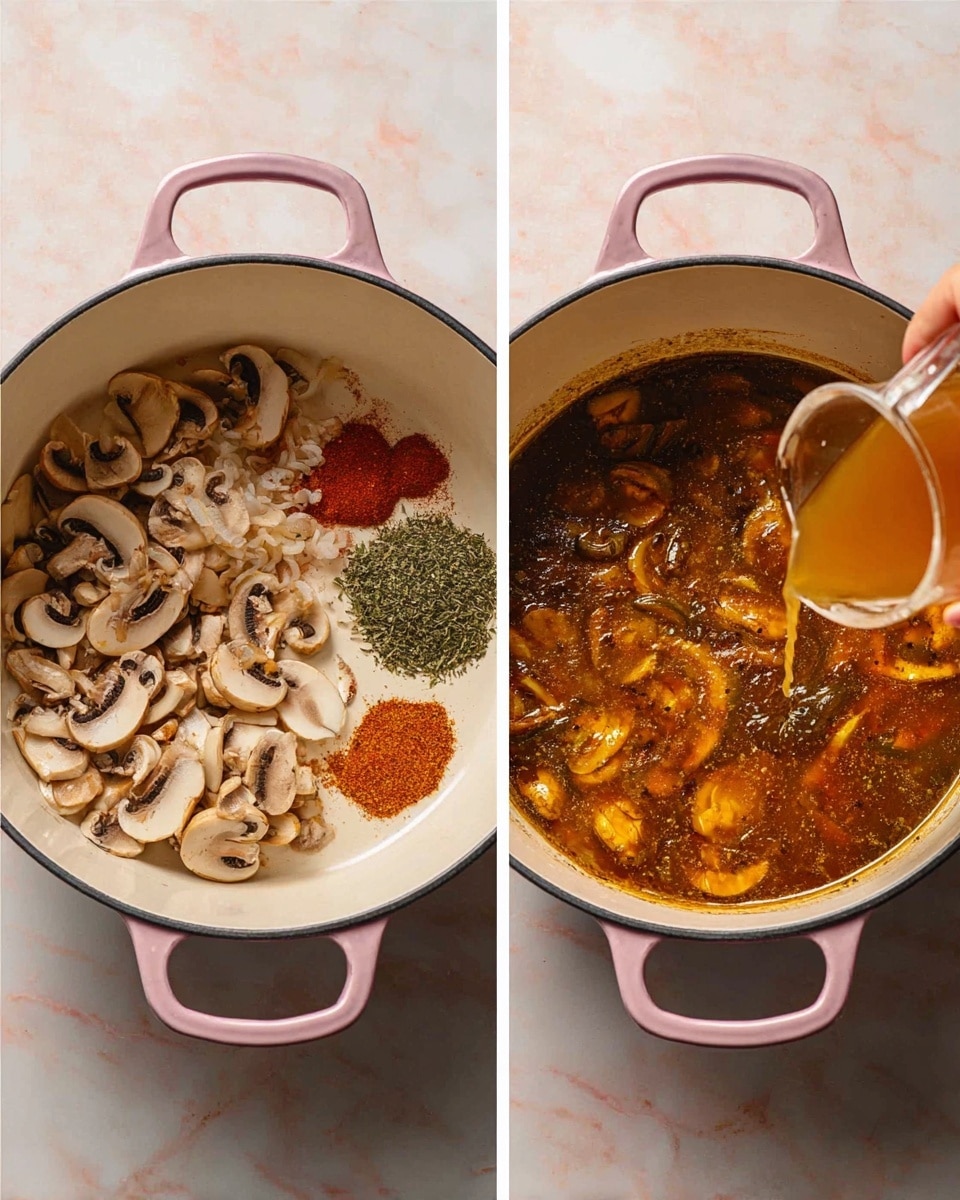 The image shows two views of a large white pot with pink handles on a white marbled surface. The left side shows the pot filled with cooked sliced mushrooms, light brown onions, a pile of red spice powder, and green dried herbs with light broth being poured from a glass jug by a woman's hand into the pot. The right side shows the same pot with the ingredients cooked and mixed into a rich brown liquid with mushrooms floating in the thick sauce. photo taken with an iphone --ar 4:5 --v 7