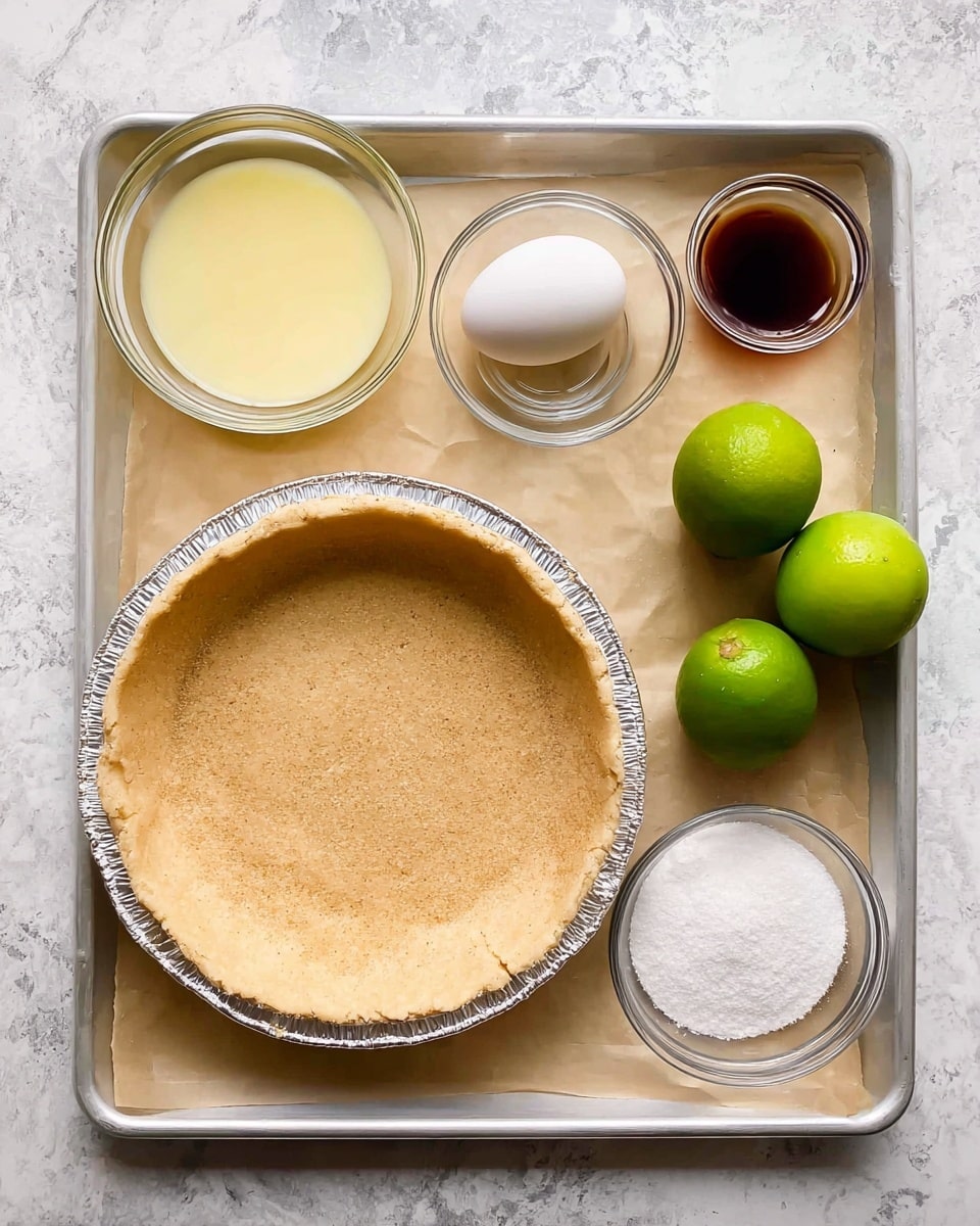 The image shows a baking tray with parchment paper on a white marbled surface. On the tray, there is a round pie crust with a light golden-brown color and a slightly crumbly texture wrapped in a silver foil edge, positioned on the left. To the right of the crust, there are seven separate ingredients: a small glass bowl with a pale yellow creamy liquid at the top left, a white egg below it, two bright green whole limes side by side to the right of the egg, a small clear glass bowl with dark brown liquid to the upper right of the limes, a small clear bowl with white powder near the bottom left, and a clear bowl with granulated white sugar to the bottom right. The layout is neat and organized, showing all items clearly. Photo taken with an iphone --ar 4:5 --v 7