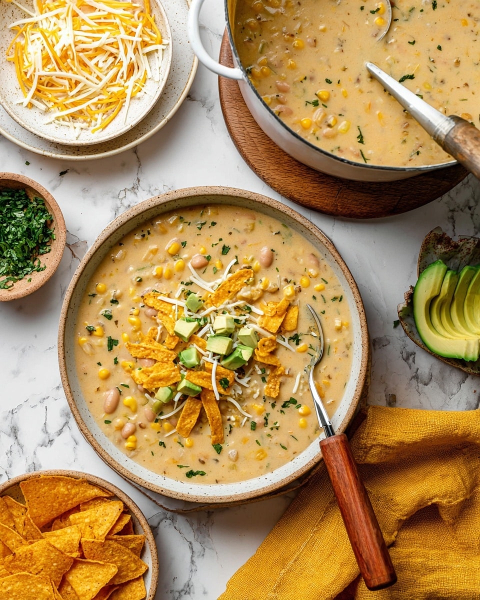 A bowl filled with thick creamy soup that looks like a mix of corn, beans, and small pieces of vegetables, topped with green avocado chunks, shredded white cheese, chopped fresh herbs, and broken orange tortilla chips, with a wooden-handled spoon resting inside the bowl on the right side; beside it, there is a pot of the same soup with a large ladle and a pile of tortilla chips on a wooden board, and a small clear bowl of shredded cheese, all set on a white marbled surface along with a white plate holding extra avocado slices and a yellow cloth napkin on the right; some chopped herbs are also scattered around for decoration photo taken with an iphone --ar 4:5 --v 7