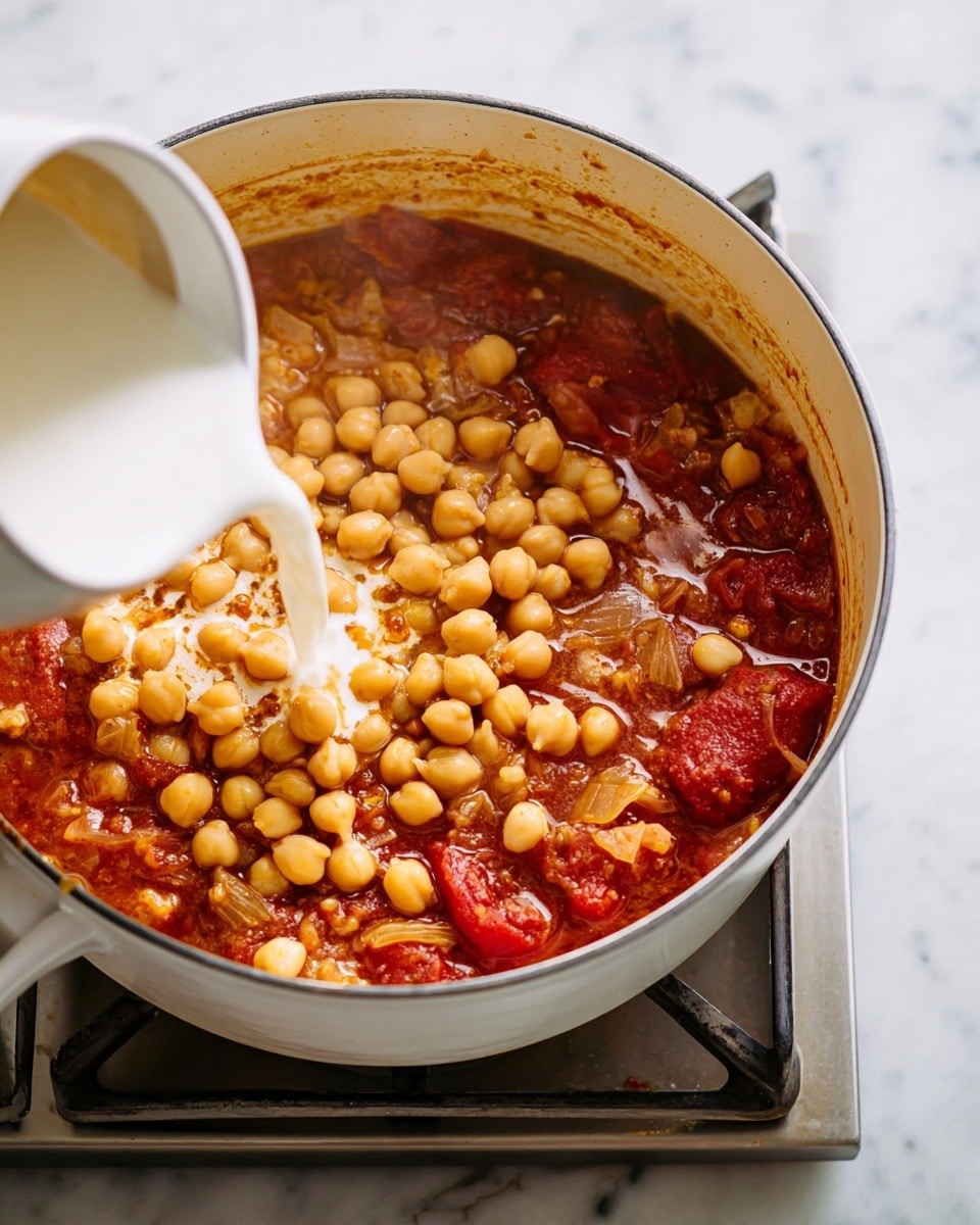 A white pot filled with a thick tomato stew layer at the bottom, showing chunks of red tomatoes, cooked onions, and spices in a rich reddish-brown sauce, is sitting on a metal stove. On top, there is a large layer of light beige chickpeas covering nearly half the stew. A white creamy liquid is being poured into the middle from a white pitcher, blending with the tomato stew and chickpeas. The pot is placed on a white marbled surface. Photo taken with an iphone --ar 4:5 --v 7