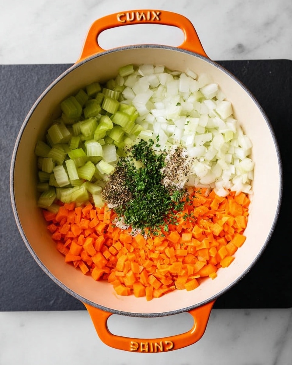 A white pot with orange handles is seen from above on a white marbled surface, inside it there are four sections of ingredients arranged neatly: diced pale green celery on the top left, finely chopped white onions mixed with small green parsley leaves on the top right, a pile of bright orange shredded carrots at the bottom, and a sprinkling of black pepper and green herbs at the center of the onions, all separated but filling the pot almost evenly. photo taken with an iphone --ar 4:5 --v 7