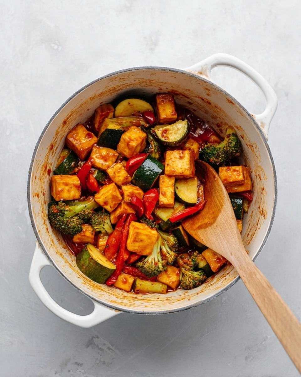 A white pot filled with a cooked vegetable and tofu mix, showing bright orange cubes of tofu coated in sauce, mixed with green broccoli florets, red bell pepper strips, and green zucchini slices. The tofu pieces and vegetables are scattered evenly throughout the pot, with sauce stains on the sides of the pot. A wooden spoon with a smooth light brown finish is resting inside the pot, partly submerged in the food, stirring the mixture. The pot sits on a white marbled surface. photo taken with an iphone --ar 4:5 --v 7