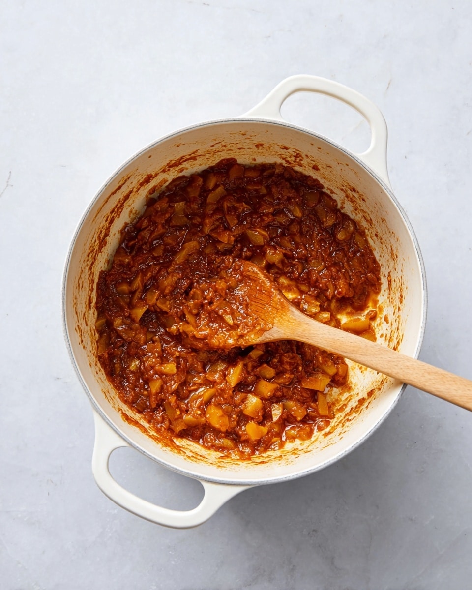 A white pot with two handles holds a chunky, reddish-brown sauce mixed with pieces of soft yellow-brown vegetables, all cooked together. The sauce looks thick and a wooden spoon with a smooth, light wood texture rests inside the pot, coated slightly with the sauce. The pot sits on a white marbled surface that adds a clean, bright background. Some sauce is spread along the inside edges of the pot, showing the cooking process clearly. photo taken with an iphone --ar 4:5 --v 7