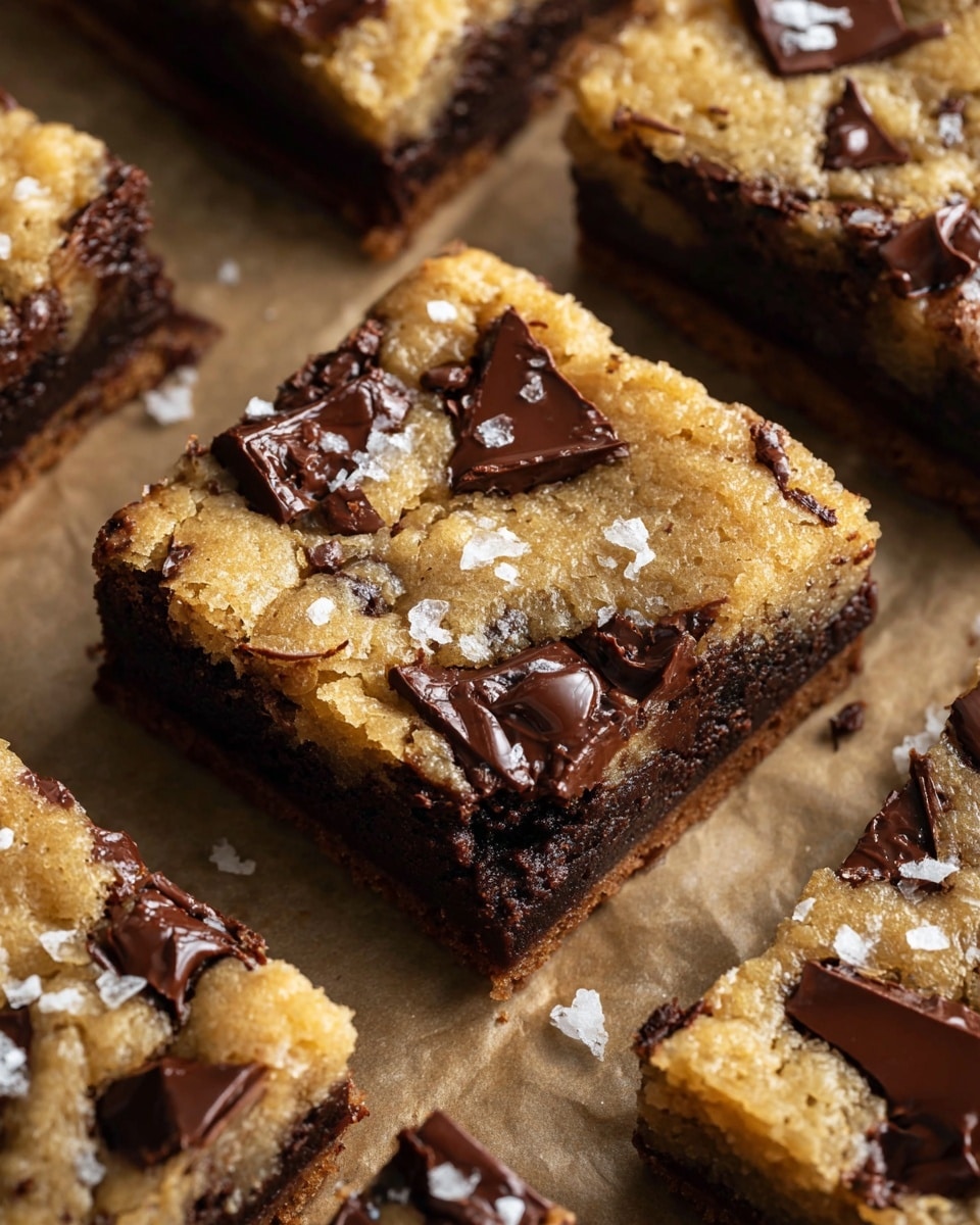 The image shows a close-up of square brownies with two layers. The bottom layer is dark brown and dense, while the top layer is light golden with a slightly cracked texture. Scattered throughout the top layer are shiny, melting chocolate chunks creating dark brown patches. Some flakes of white sea salt are sprinkled on top, adding texture and contrast. The brownies are set on brown parchment paper with a white marbled surface background visible at the edges. photo taken with an iphone --ar 4:5 --v 7