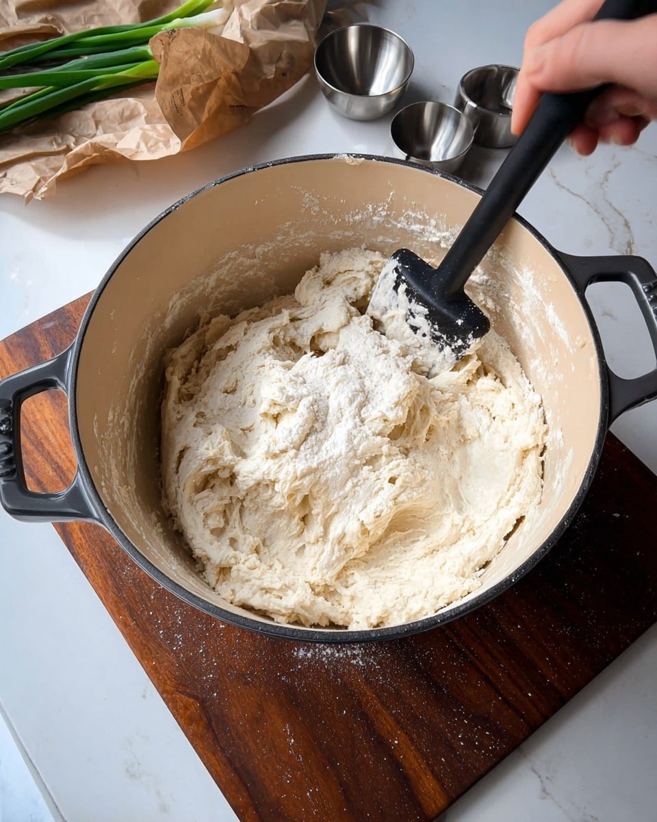 A close-up of thick white dough being mixed with a black spatula inside a large cream-colored pot with dark edges and handles, resting on a dark wooden cutting board. There is some dry flour visible on top of the dough and around the pot edges. A woman's hand holds the spatula in the upper right corner. In the background, there are some small metal bowls and a bunch of green onions wrapped in brown paper, all on a white marbled surface. photo taken with an iphone --ar 4:5 --v 7