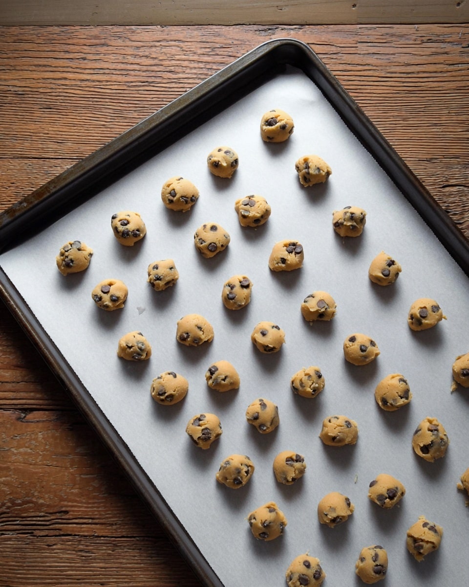 A baking tray lined with white parchment paper is placed on a wooden surface, showing many small, round dough pieces spaced evenly in rows. The dough pieces are light brown with visible dark brown chocolate chips scattered inside. The tray edges are dark metal, and the background shows the wooden texture of the surface. Photo taken with an iphone --ar 4:5 --v 7