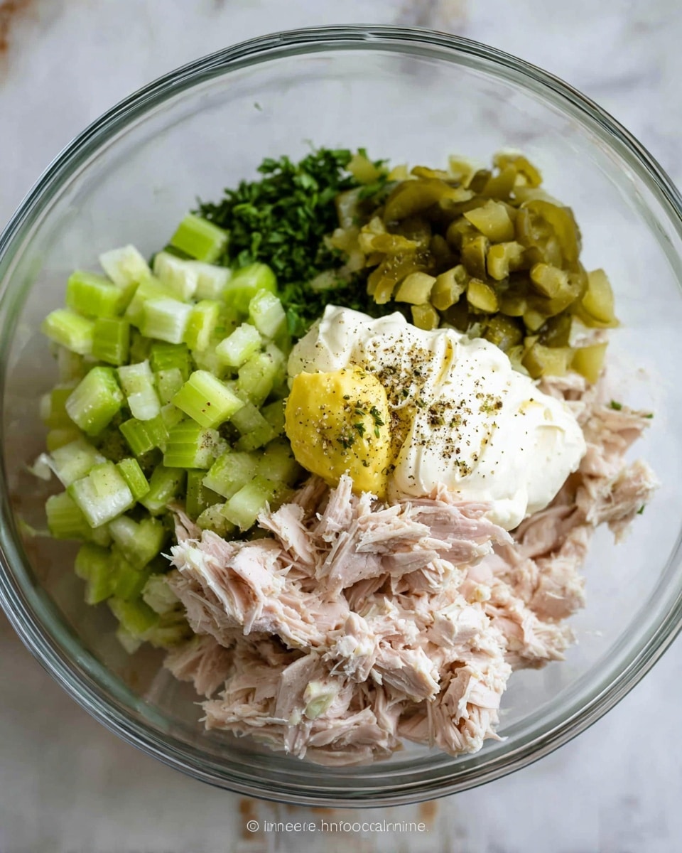 A clear glass bowl holds several ingredients arranged in layers ready for mixing. At the bottom left, there are light green chopped celery pieces next to shredded pale pink tuna chunks scattered around the bowl. Above the tuna, finely chopped darker green herbs are placed. At the top right, there are small diced pickle pieces in a bright green shade. On the right side, a creamy white dollop of mayonnaise with a small amount of yellow mustard on top is present. A sprinkle of black pepper is spread over these ingredients. The bowl sits on a white marbled surface. photo taken with an iphone --ar 4:5 --v 7