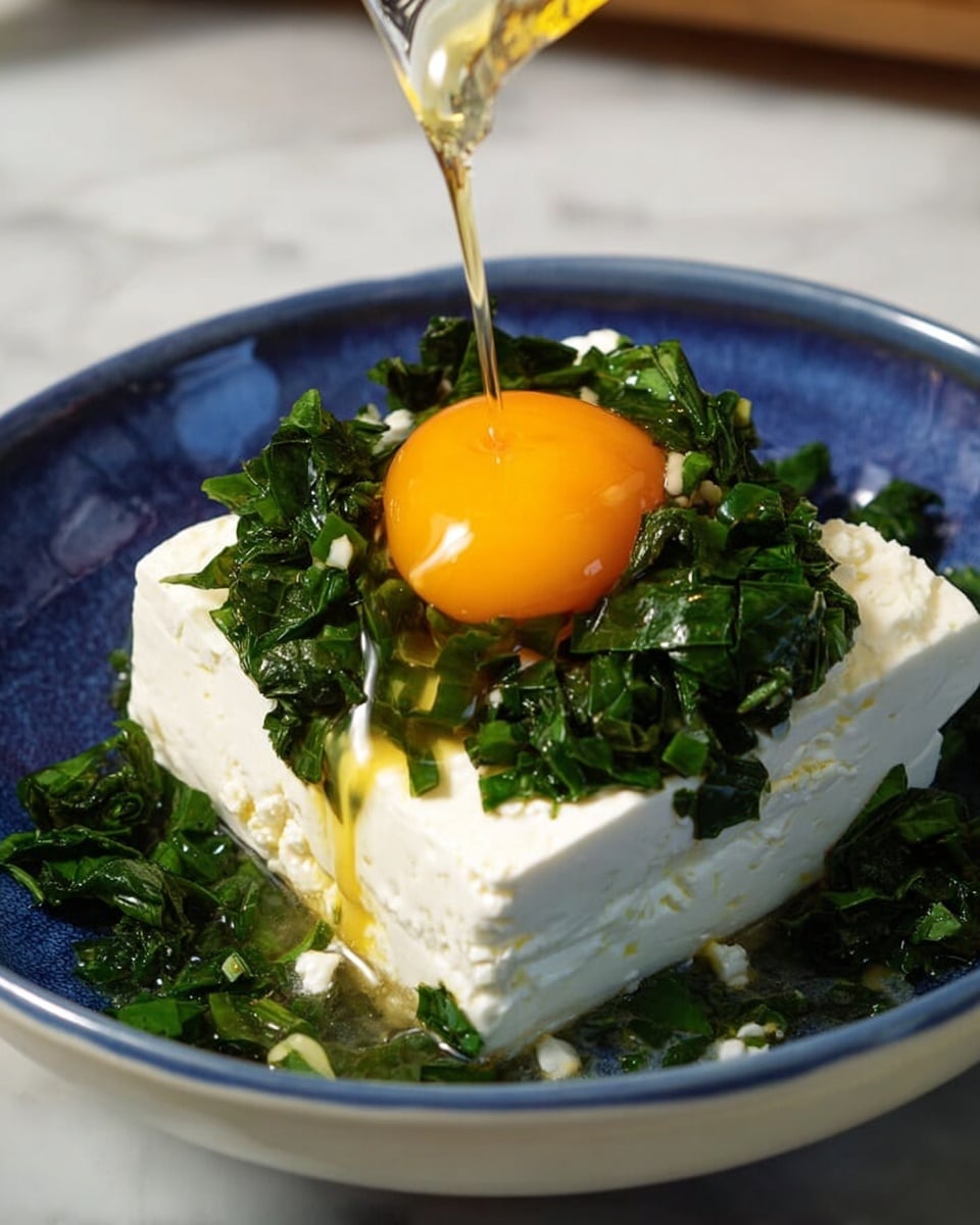 A white square block of soft cheese sits in the center of a white bowl with a blue interior. On top of the cheese is a layer of finely chopped dark green leafy vegetables, some spilling onto the bowl around the cheese. Above this, a raw orange egg yolk is being poured gently, with the clear egg white flowing over the green leaves. The bowl rests on a white marbled surface. Photo taken with an iphone --ar 4:5 --v 7