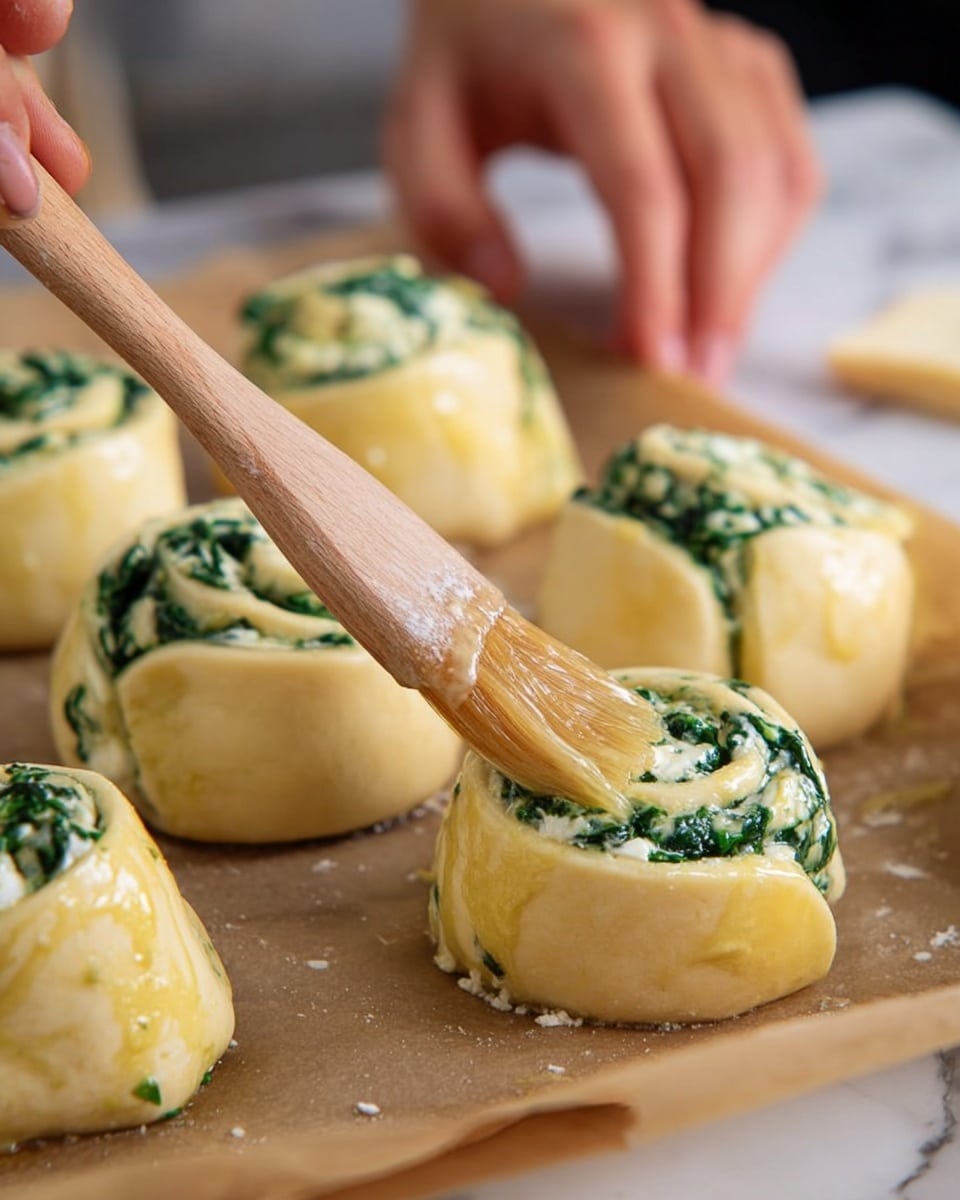 The image shows several small rolls made from light yellow dough filled with green spinach and white cheese mixture, arranged on a sheet of brown parchment paper. A woman's hand holds a wooden brush, applying an egg wash over the dough, giving it a shiny, smooth texture. The rolls have multiple layers of dough wrapped around the filling, with the filling peeking out in the center. The background is a white marbled surface with another woman's hand slightly blurred in the back. The image feels warm and fresh, with soft lighting highlighting the gloss on the dough and the contrast between the creamy filling and green spinach photo taken with an iphone --ar 4:5 --v 7