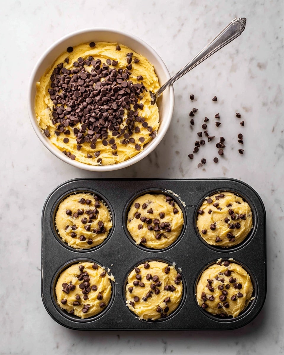The image on the left shows a close-up of yellow dough spread in a white bowl on a white marbled surface, generously topped with a large pile of small dark brown chocolate chips, some chocolate chips scattered around the edges. The spoon is partially visible, scooping some dough. In the image on the right, a black muffin tray with twelve cups is filled with yellow dough mixed with small dark brown chocolate chips, sitting evenly in each cup on a white marbled surface. The dough in each cup is textured and slightly raised, showing the distribution of chocolate chips throughout. photo taken with an iphone --ar 4:5 --v 7